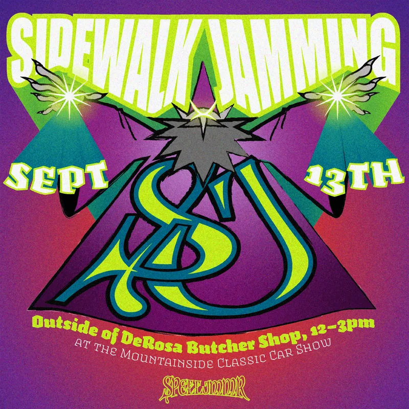 SPELLJMMR "Sidewalk Jamming" flyer — Sept 13th, outside DeRosa Butcher Shop, 12&ndash;3PM, at the Mountainside Classic Car Show